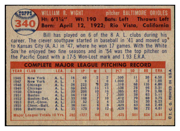 1957 Topps Baseball #340 Bill Wight Orioles EX-MT 428323