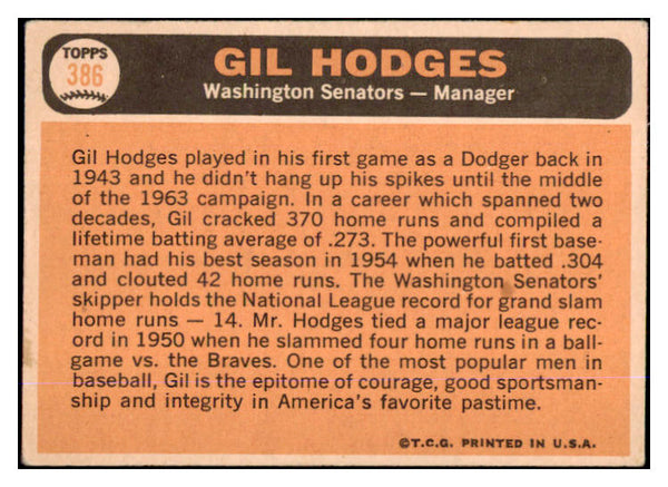 1966 Topps Baseball #386 Gil Hodges Senators VG-EX 429674