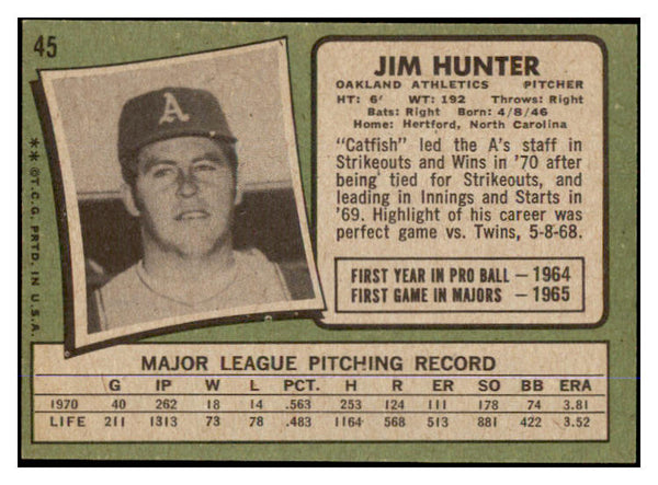 1971 Topps Baseball #045 Catfish Hunter A's NR-MT 429759