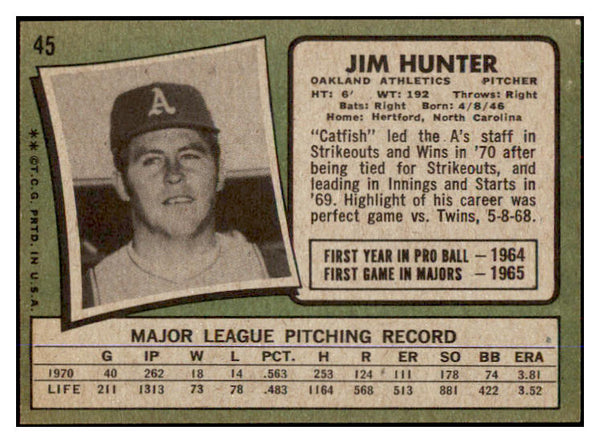 1971 Topps Baseball #045 Catfish Hunter A's EX-MT/NR-MT 429839
