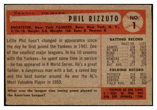 1954 Bowman Baseball #001 Phil Rizzuto Yankees GD-VG trimmed 430134