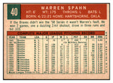 1959 Topps Baseball #040 Warren Spahn Braves VG-EX oc 1921 430185