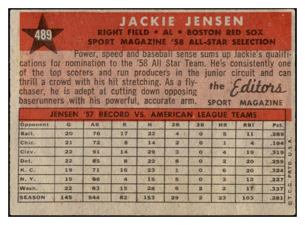 1958 Topps Baseball #489 Jackie Jensen A.S. Red Sox VG-EX 434525