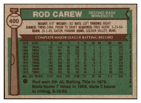 1976 Topps Baseball #400 Rod Carew Twins VG-EX 434707