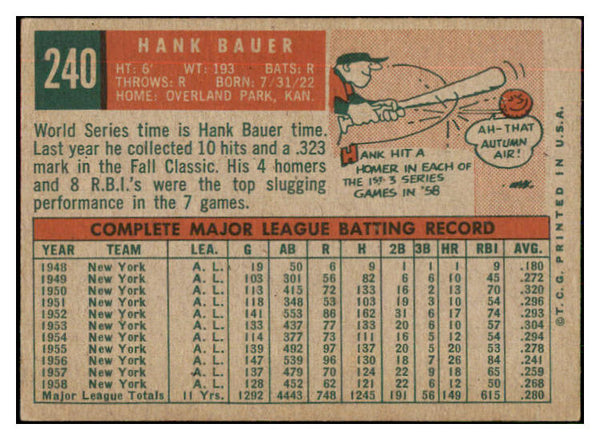 1959 Topps Baseball #240 Hank Bauer Yankees EX 434737