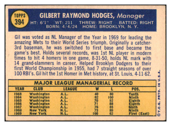 1970 Topps Baseball #394 Gil Hodges Mets EX 434819