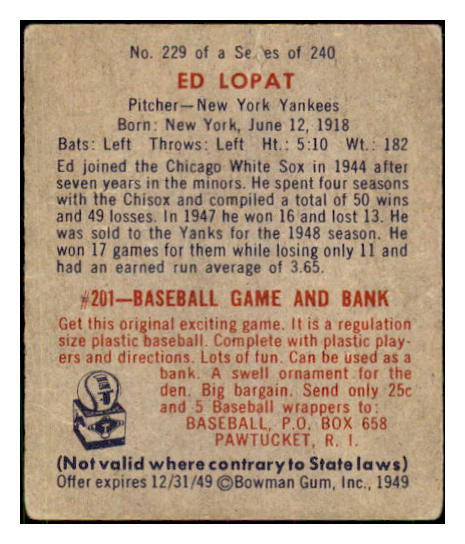 1949 Bowman Baseball #229 Eddie Lopat Yankees Good pin hole 435067