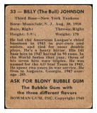 1948 Bowman Baseball #033 Billy Johnson Yankees EX 435073