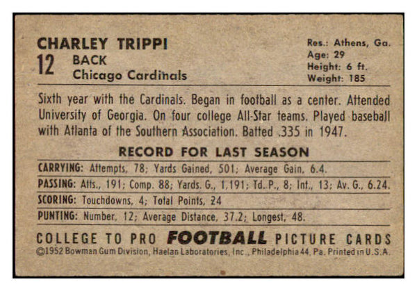 1952 Bowman Small Football #012 Charley Trippi Cardinals EX-MT 435924