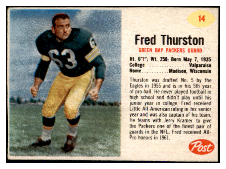 1962 Post Football #014 Fred Thurston Packers EX-MT 436393