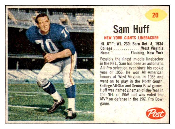 1962 Post Football #020 Sam Huff Giants NR-MT 436394