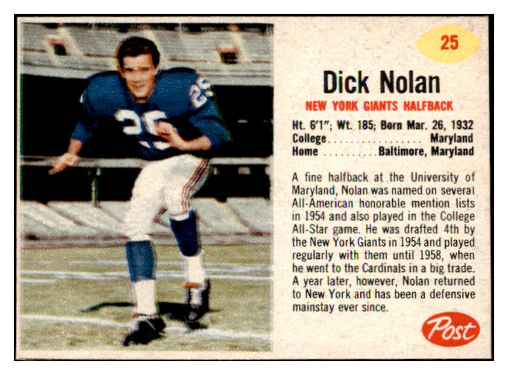 1962 Post Football #025 Dick Nolan Giants NR-MT 436399