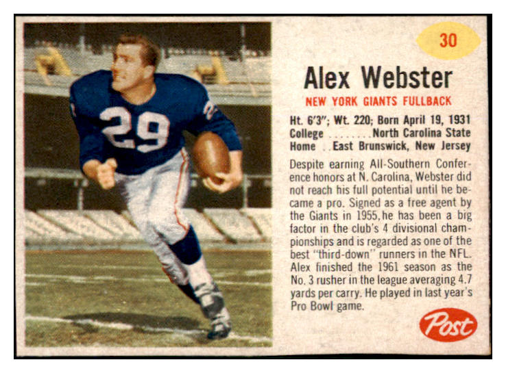 1962 Post Football #030 Alex Webster Giants NR-MT 436402