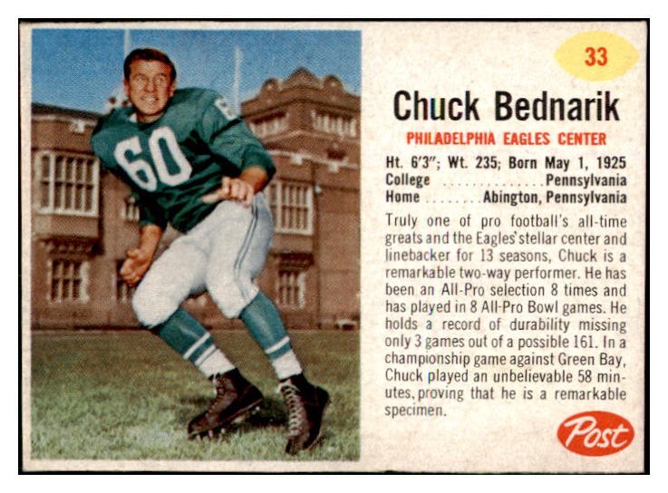 1962 Post Football #033 Chuck Bednarik Eagles NR-MT 436405