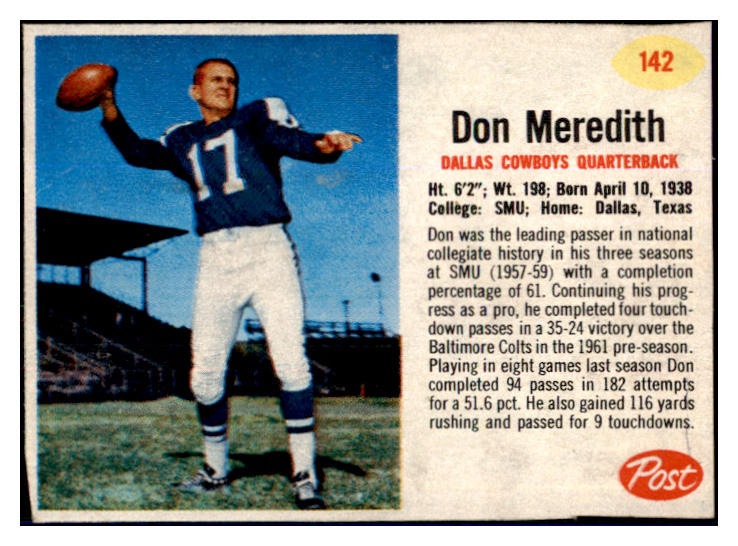 1962 Post Football #142 Don Meredith Cowboys EX-MT 436443