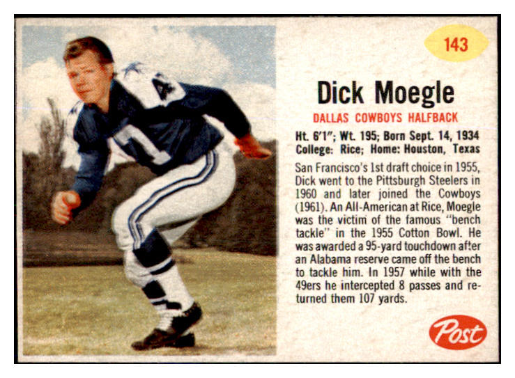 1962 Post Football #143 Dick Moegle Cowboys NR-MT 436444
