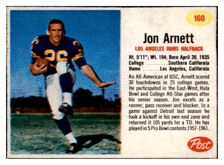 1962 Post Football #160 Jon Arnett Rams NR-MT 436454