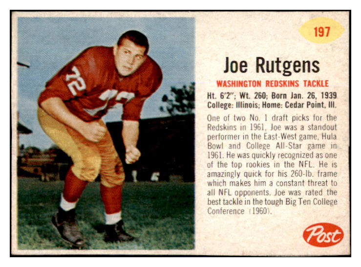 1962 Post Football #197 Joe Rutgens Washington NR-MT 436464
