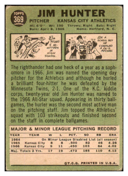 1967 Topps Baseball #369 Catfish Hunter A's VG 436559