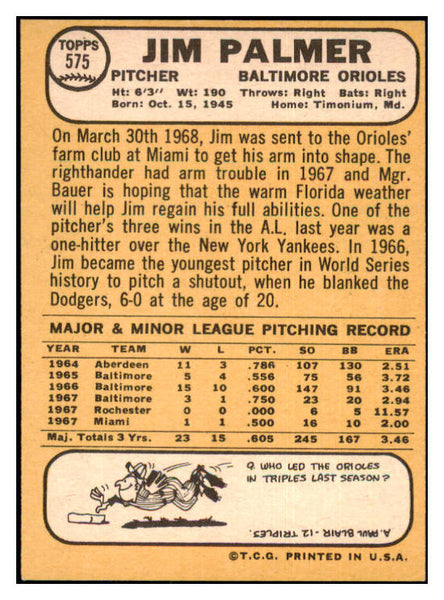 1968 Topps Baseball #575 Jim Palmer Orioles EX 436874