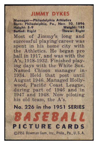 1951 Bowman Baseball #226 Jimmy Dykes A's VG 437037