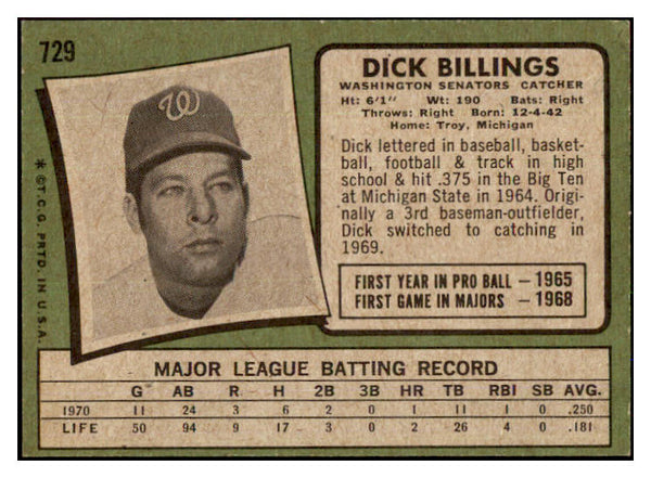 1971 Topps Baseball #729 Dick Billings Senators NR-MT 437210
