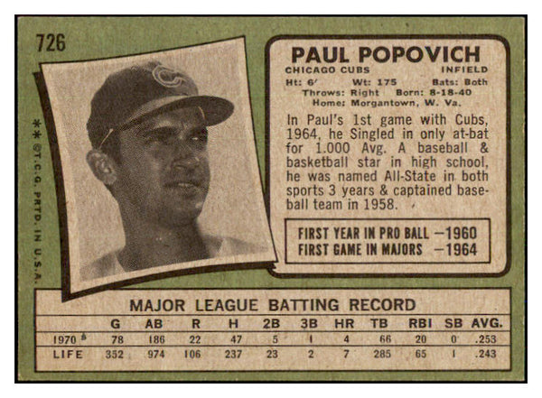 1971 Topps Baseball #726 Paul Popovich Cubs NR-MT 437212