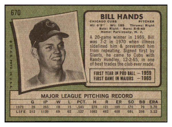 1971 Topps Baseball #670 Bill Hands Cubs NR-MT 437227