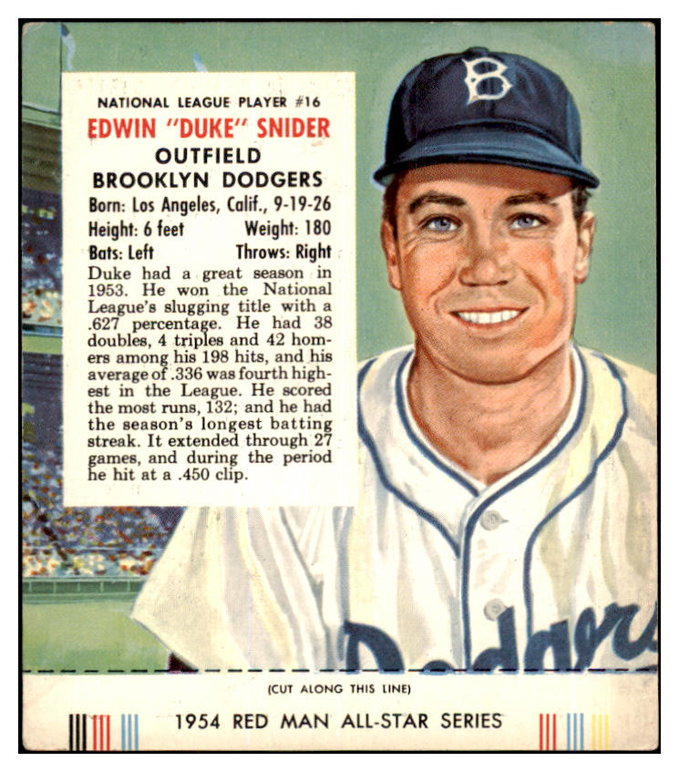 1954 Red Man #016NL Duke Snider Dodgers VG-EX w/Tab 437367