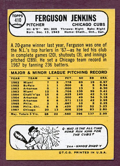 1968 Topps Baseball #410 Fergie Jenkins Cubs VG-EX 438354