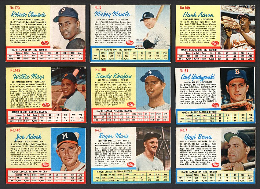1962 Post Cereal Baseball Set 3 Variations EX+/EX-MT Mantle Koufax 439001