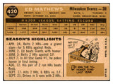 1960 Topps Baseball #420 Eddie Mathews Braves VG 439449