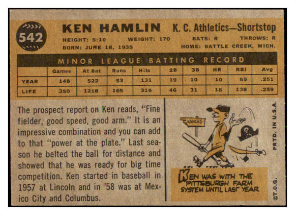 1960 Topps Baseball #542 Ken Hamlin A's EX 439986