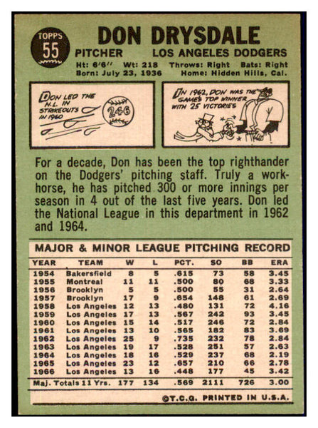 1967 Topps Baseball #055 Don Drysdale Dodgers NR-MT 440263