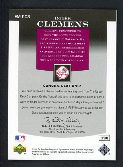 2006 UD Epic EM-RC3 Roger Clemens Yankees 441000