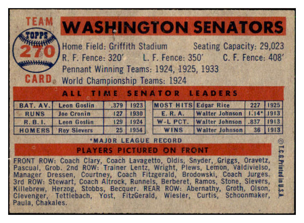 1957 Topps Baseball #270 Washington Senators Team EX-MT/NR-MT 441187