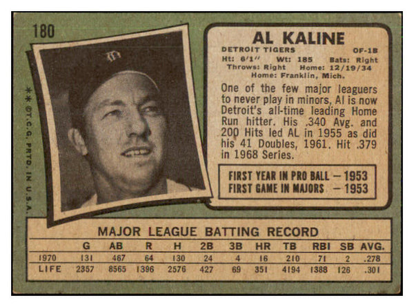 1971 Topps Baseball #180 Al Kaline Tigers EX-MT 441324