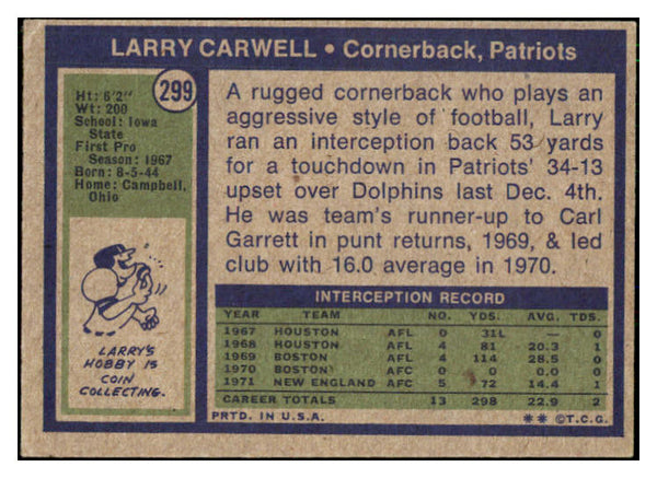 1972 Topps Football #299 Larry Carwell Patriots EX-MT 441340
