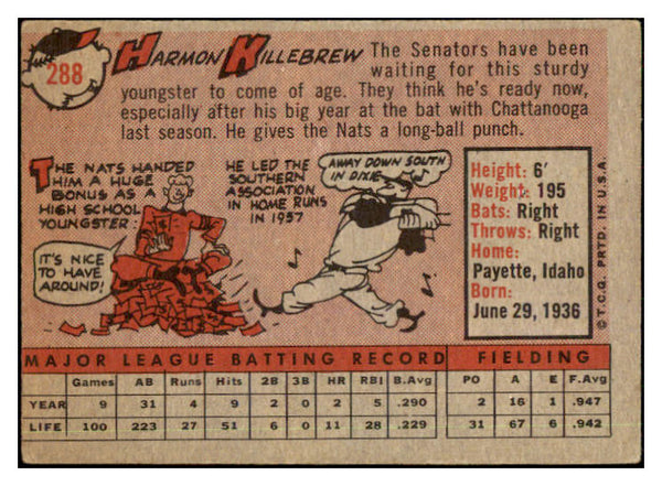 1958 Topps Baseball #288 Harmon Killebrew Senators VG-EX 442143