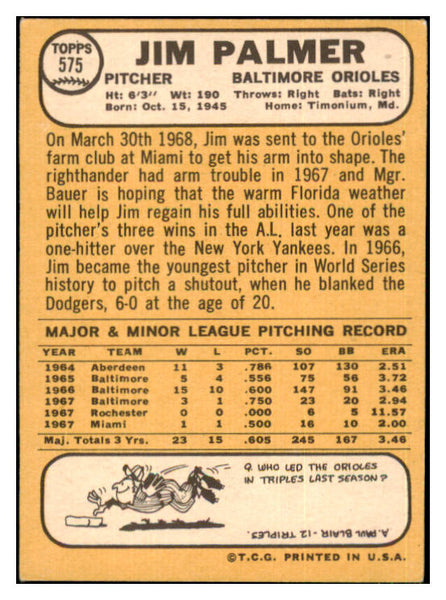 1968 Topps Baseball #575 Jim Palmer Orioles EX 444048