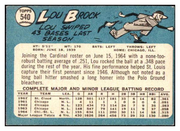 1965 Topps Baseball #540 Lou Brock Cardinals VG-EX 444160