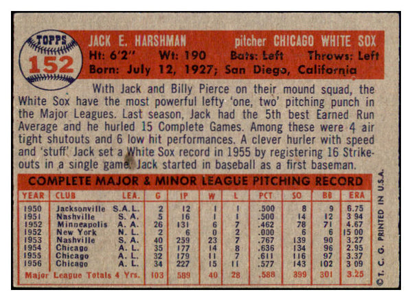 1957 Topps Baseball #152 Jack Harshman White Sox EX-MT 444183
