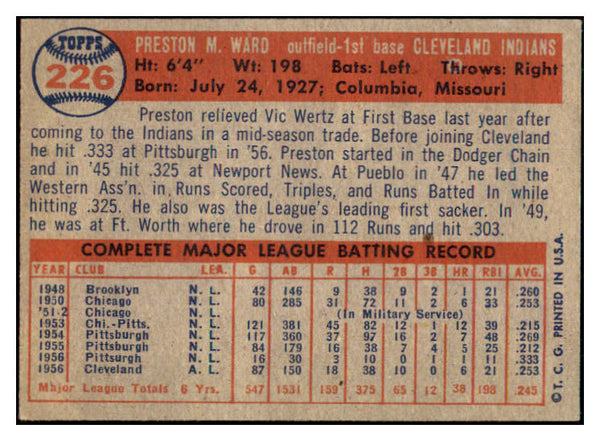 1957 Topps Baseball #226 Preston Ward Indians EX-MT 444194