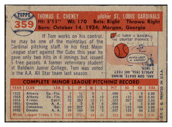 1957 Topps Baseball #359 Tom Cheney Cardinals EX-MT 444213