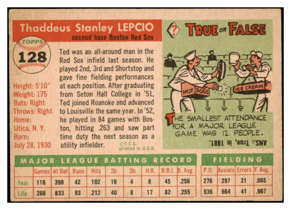 1955 Topps Baseball #128 Ted Lepcio Red Sox EX-MT 444593