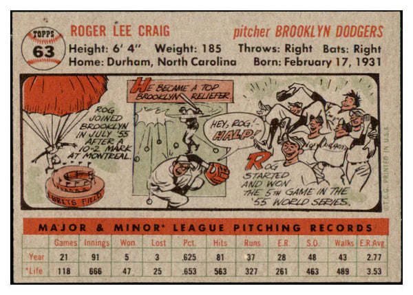 1956 Topps Baseball #063 Roger Craig Dodgers NR-MT Gray 444779