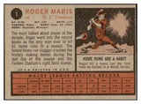 1962 Topps Baseball #001 Roger Maris Yankees VG-EX 445042 Kit Young Cards