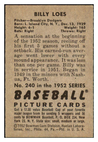 1952 Bowman Baseball #240 Billy Loes Dodgers NR-MT 445277