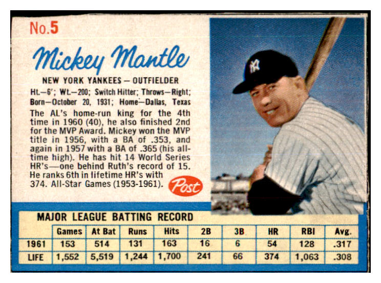 1962 Post Baseball #005 Mickey Mantle Yankees EX 445509