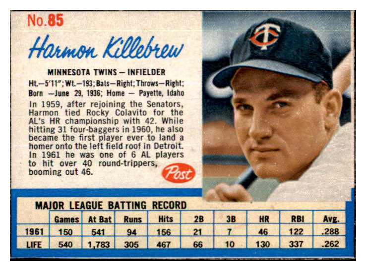 1962 Post Baseball #085 Harmon Killebrew Twins EX-MT 445521